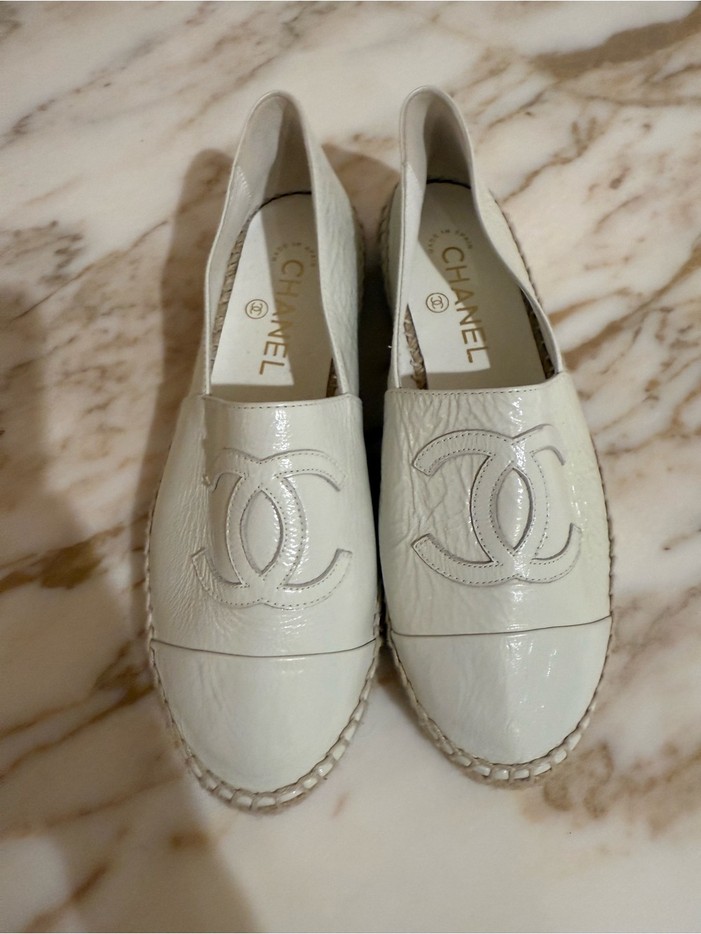 CHANEL Cream Leather Espadrille Flats with CC Logo